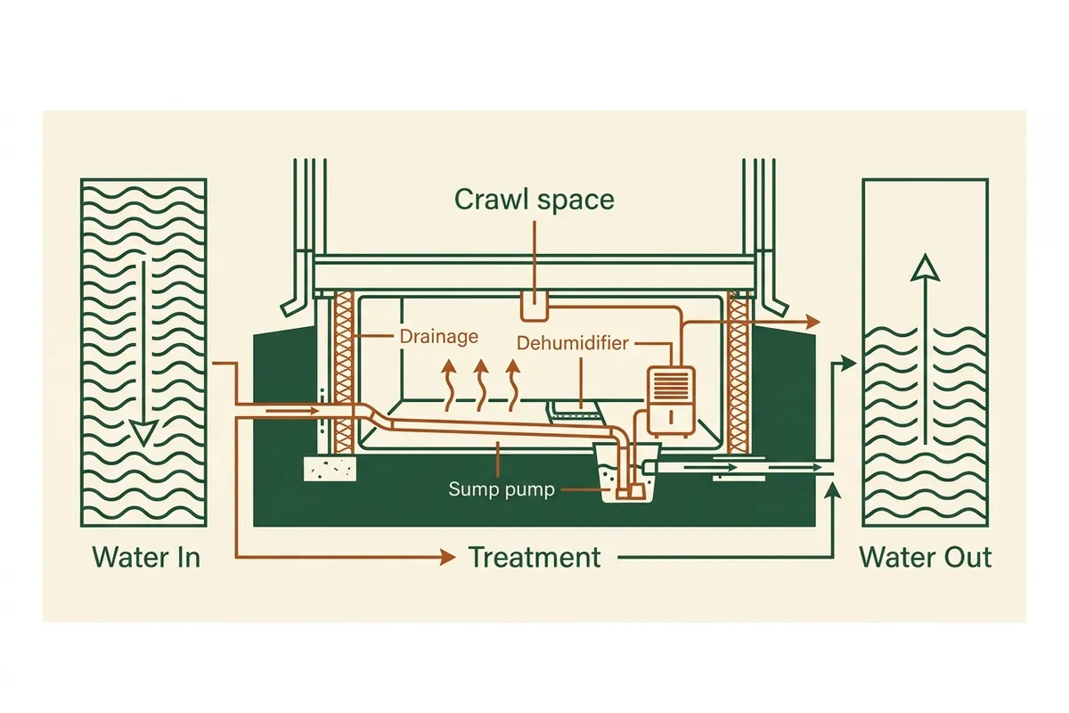 Diagram of sealed crawl space layers over karst drainage